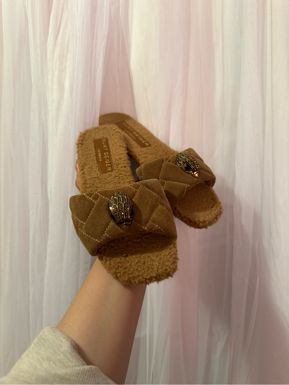 Kurt Geiger Quilted Faux-Shearling Slide Sandals — Cognac Brown